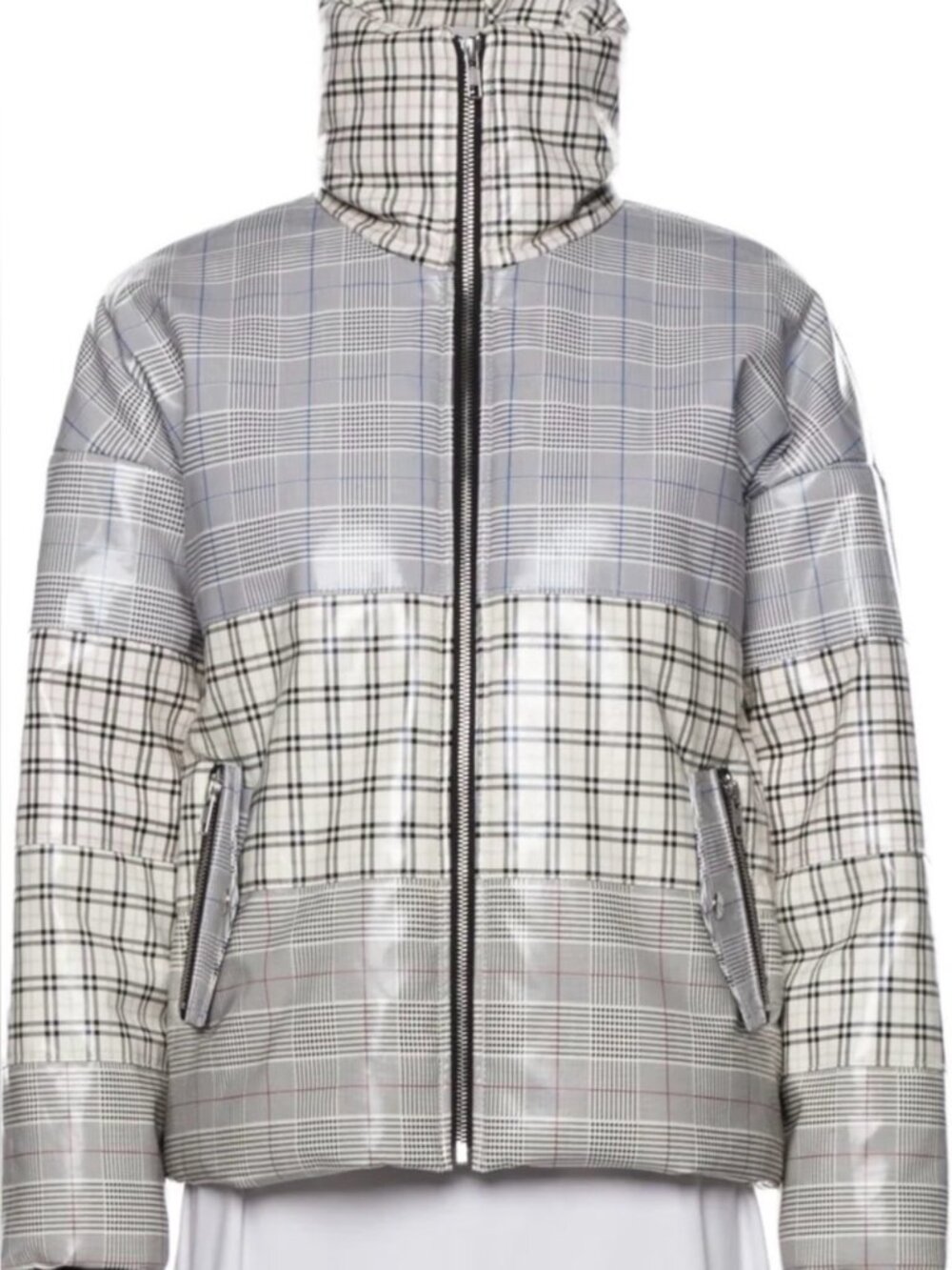 Samantha Sipos Plaid Leather Puffer Jacket Luxe multi Gray Cream Warm Ski Coat M